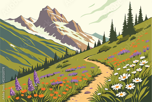 Mountain landscapes, vibrant wildflower meadows, snow-capped peaks, colorful alpine flora, winding dirt path, lush green hillsides, diverse wildflowers, purple lupines, orange poppies, white daisies, 