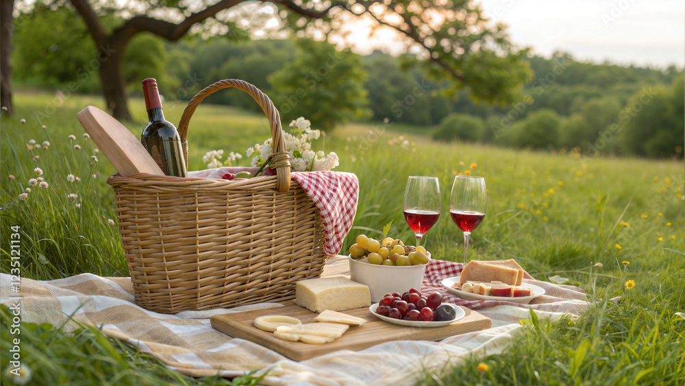 Picnic basket with wine and snacks, cheerful mood, set up on a sunny grassy field Picnic basket with wine and snacks, cheerful mood, set up on a sunny grassy field
