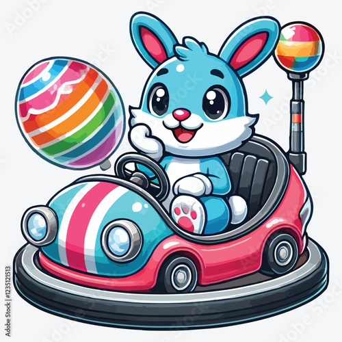 Happy rabbit character in bumper car stock illustration