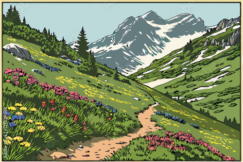 Mountain landscapes, vibrant wildflower meadows, snow-capped peaks, colorful alpine flowers, winding dirt path, lush green hills, diverse flora, summer bloom, serene nature scenes, rugged terrain, pho