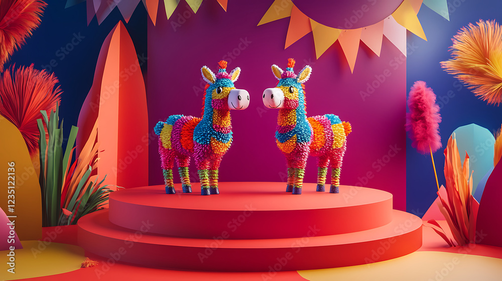 Obraz premium Two Colorful Llama Pi?atas on a Festive Podium for Hispanic Day
