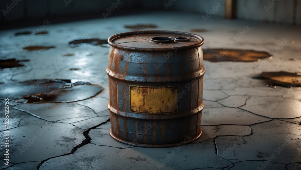 Naklejka premium Rusty metal barrel on cracked concrete floor in industrial setting