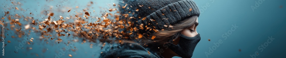 Woman wearing a mask with hair blowing and particles of debris swirling around her in a dynamic setting Woman wearing a mask with hair blowing and particles of debris swirling around her in a dynamic setting