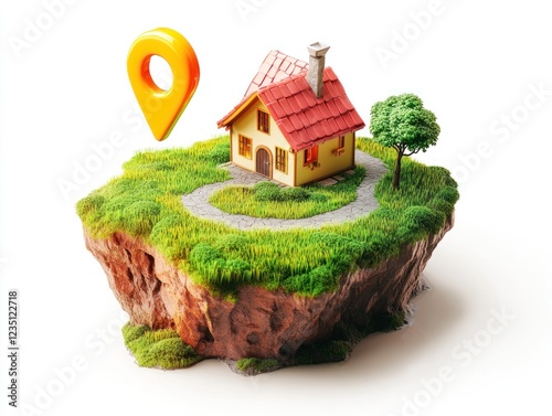 A vibrant location pin icon sits prominently above a charming house situated on a grassy island. The landscape features a winding path and a surrounding tree, enhancing its tranquil appeal photo