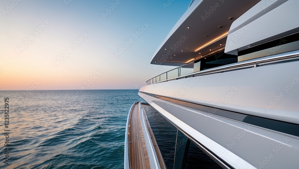 Fototapeta premium Elegant luxury yacht at sunset, surrounded by serene ocean waters.