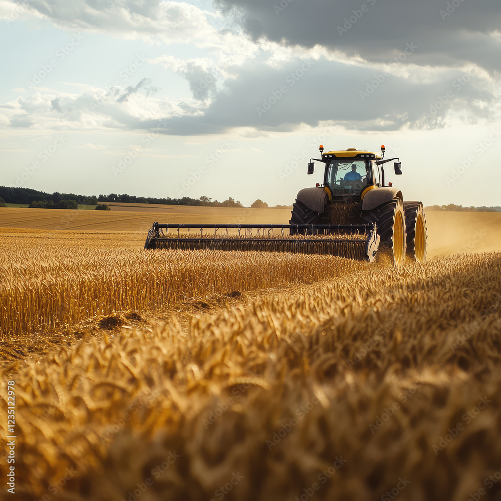 Obraz premium Modern tractor plowing a golden wheat field