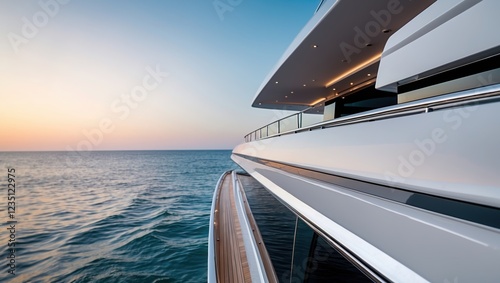 Elegant luxury yacht at sunset  surrounded by serene ocean waters.
