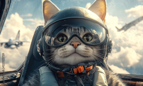 A brave cat dons a flight helmet and gear as it confidently pilots a fighter jet high above the earth. The backdrop features a blue sky filled with fluffy clouds and fellow aircraft flying nearby photo