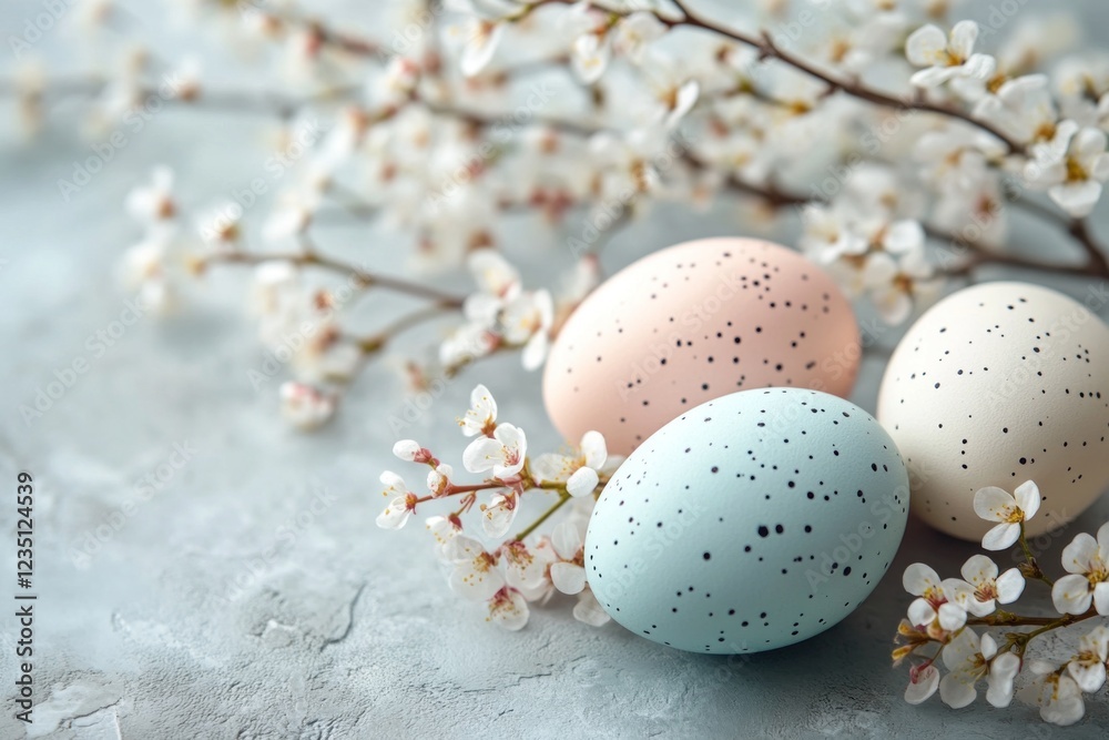 Obraz premium Three beautifully decorated chicken eggs in soft colors rest among cherry blossoms, creating a serene spring atmosphere perfect for seasonal celebrations and family gatherings
