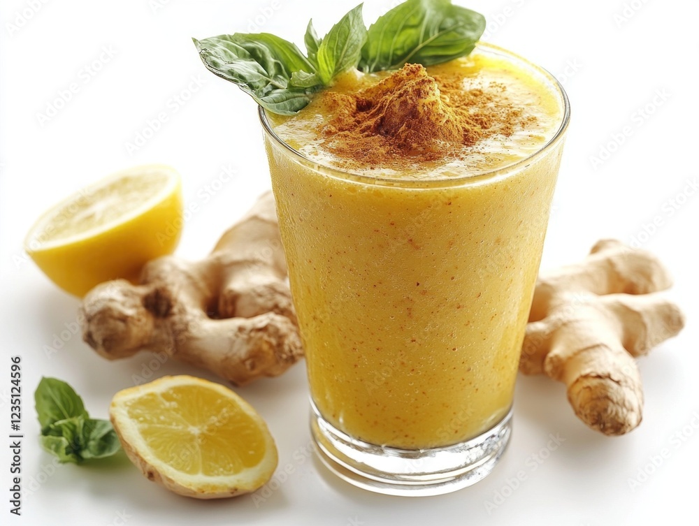 Bright and refreshing detox ginger smoothie is showcased in a clear glass, topped with fresh herbs. Slices of lemon and ginger root surround the glass, emphasizing a healthy lifestyle