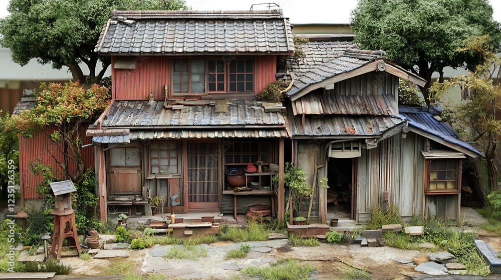 A rustic, weathered house surrounded by greenery and a small garden. A rustic, weathered house surrounded by greenery and a small garden.