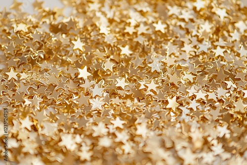 A multitude of golden stars scattered across a white background for creative decoration