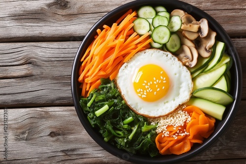 Vibrant bibimbap served in a traditional stone bowl with colorful ingredients photo