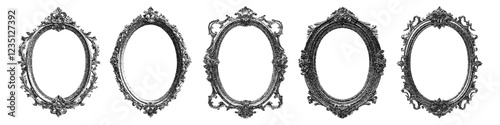 Vintage gothic mirror frames with stippled photocopy texture. Vector illustration of retro victorian ornate oval borders in antique baroque style. Design element for banner, halftone collage.