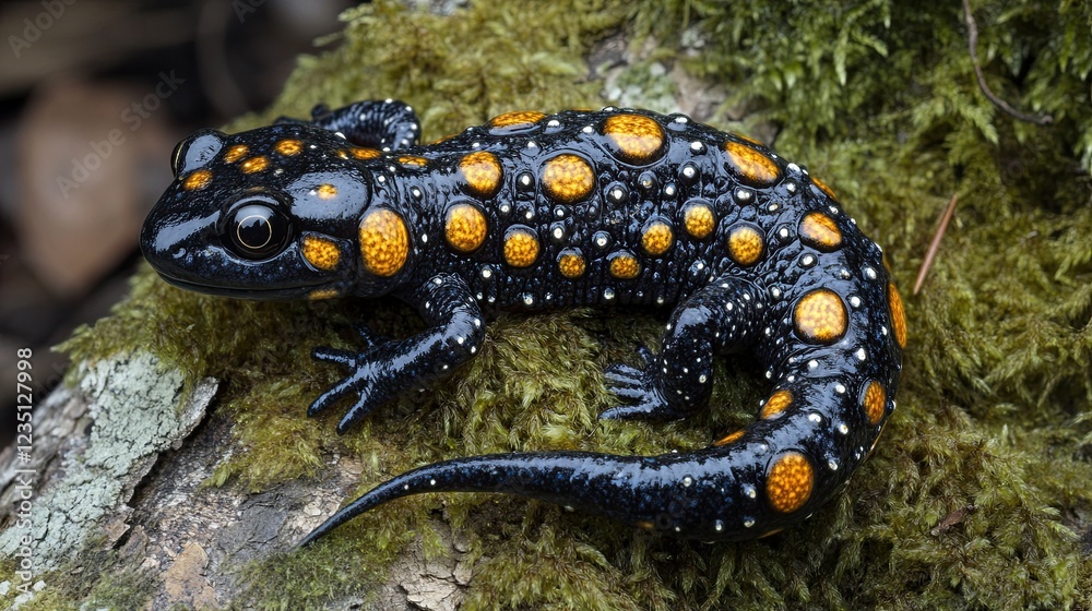 A fire salamander (Salamandra salamandra) looking sideways from a moss-covered tree in the forest. A fire salamander (Salamandra salamandra) looking sideways from a moss-covered tree in the forest.