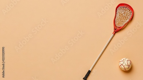 Sports Equipment on a Solid Background - A red lacrosse stick and a practice baseball on a pale orange background showcasing sports equipment. photo