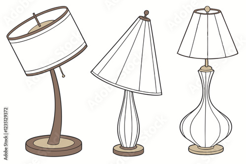 Table lamps, mid-century modern design, varied wooden bases, ceramic base, minimalist, neutral color palette, conical lampshades, warm ambient lighting, sleek silhouettes, retro style, interior decor,