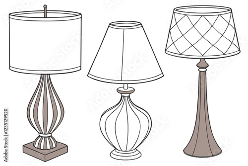 Table lamps, mid-century modern design, varied wooden bases, ceramic base, minimalist, neutral color palette, conical lampshades, warm ambient lighting, sleek silhouettes, retro style, interior decor,