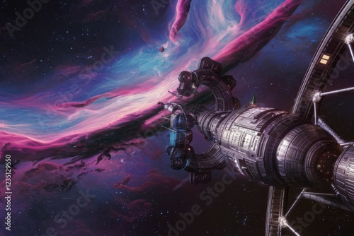 A colossal spaceship navigates a vibrant nebula, showcasing intricate details and a breathtaking cosmic backdrop.