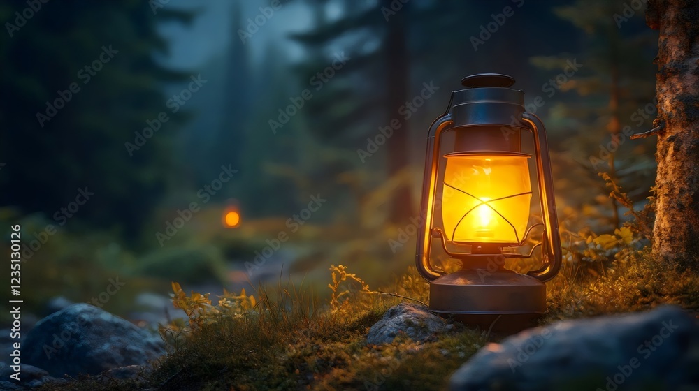 A lantern is lit in a forest A lantern is lit in a forest