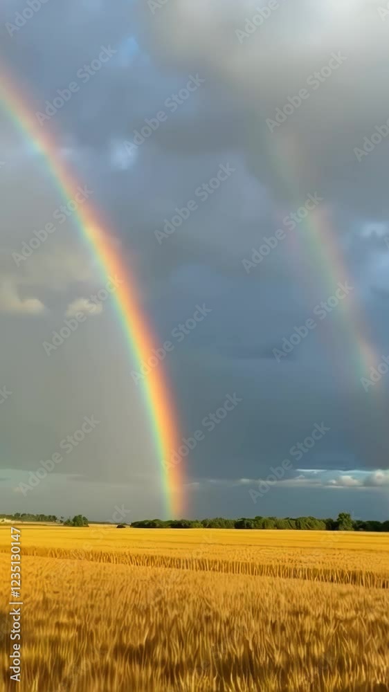A stunning rainbow expands over golden fields as the sun sets behind clouds A stunning rainbow expands over golden fields as the sun sets behind clouds