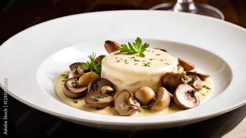 Classic Swiss Zürcher Geschnetzeltes with tender veal medallions in rich cream sauce, served with sautéed mushrooms. Elegant plating with fresh parsley. Classic Swiss Zürcher Geschnetzeltes with tender veal medallions in rich cream sauce, served with sautéed mushrooms. Elegant plating with fresh parsley.