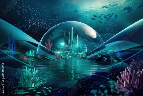 Futuristic underwater city encased in a protective dome, surrounded by vibrant coral reefs and marine life. photo