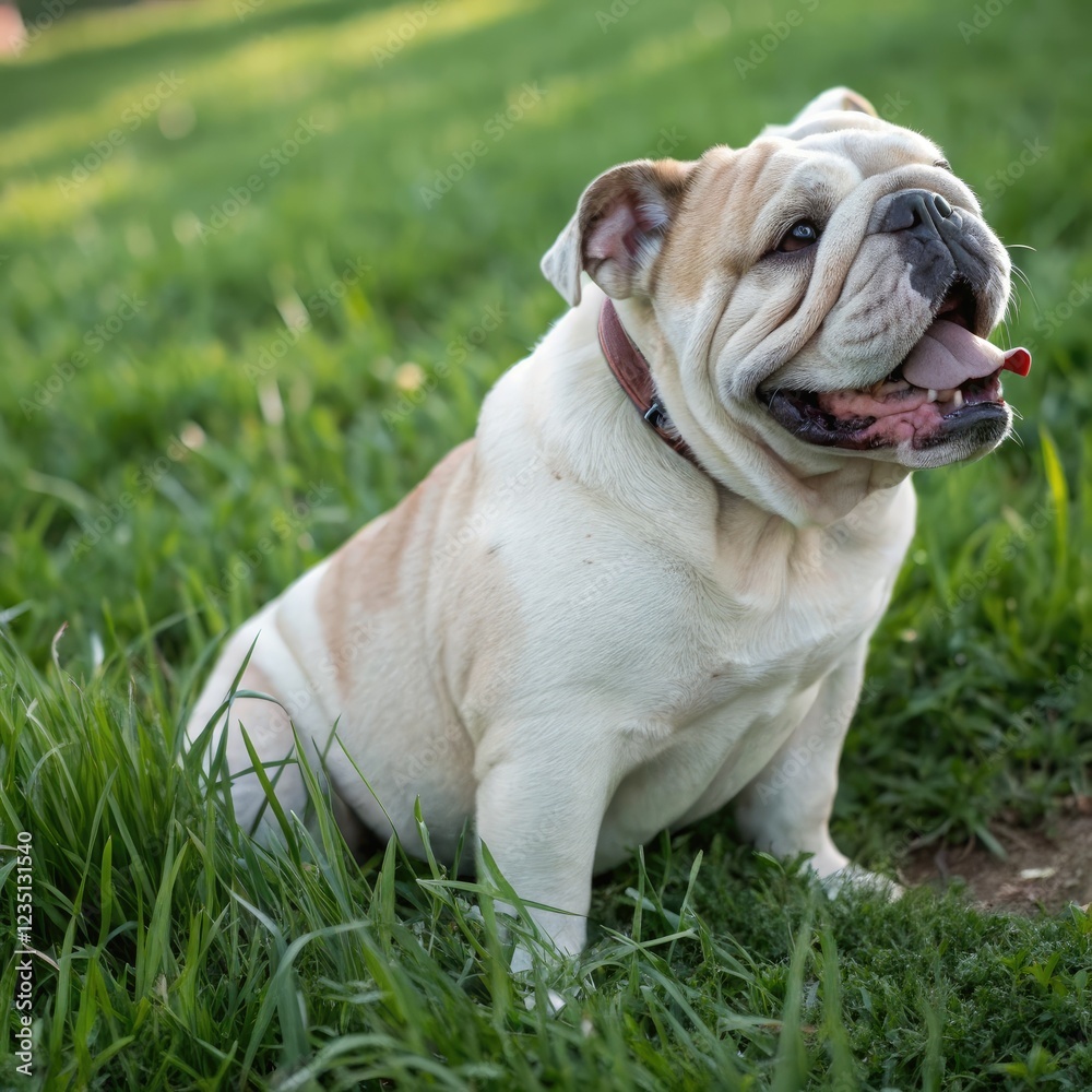 Cute Bulldog Enjoying a Sunny Day on the Grass. Generative AI Cute Bulldog Enjoying a Sunny Day on the Grass. Generative AI
