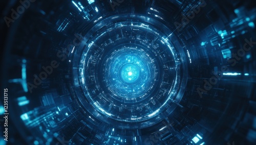 Abstract Futuristic Tunnel: Glowing Blue Digital Corridor