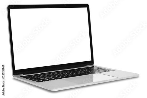 Modern generic silver metallic laptop with a blank white screen and isolated on a transparent background.