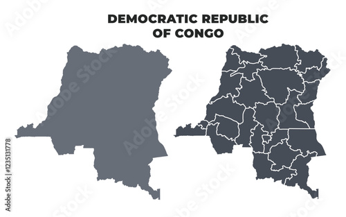 Democratic Republic of the Congo grey political map simple flat illustration set