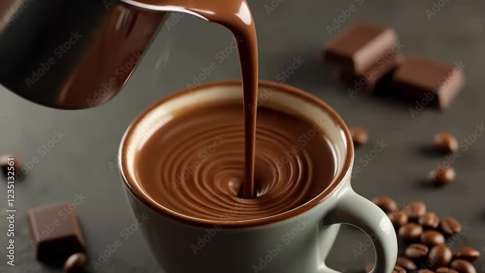 Crafting rich hot chocolate with creamy texture and coffee beans in a cozy kitchen setting