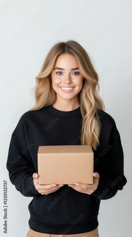 Happy female delivery worker holding a package with a smile against a clean white background Happy female delivery worker holding a package with a smile against a clean white background