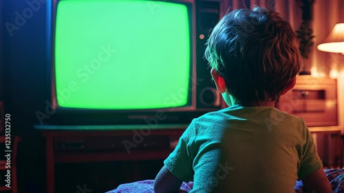 Child Watching Retro TV with Green Screen Nostalgia Kid Television