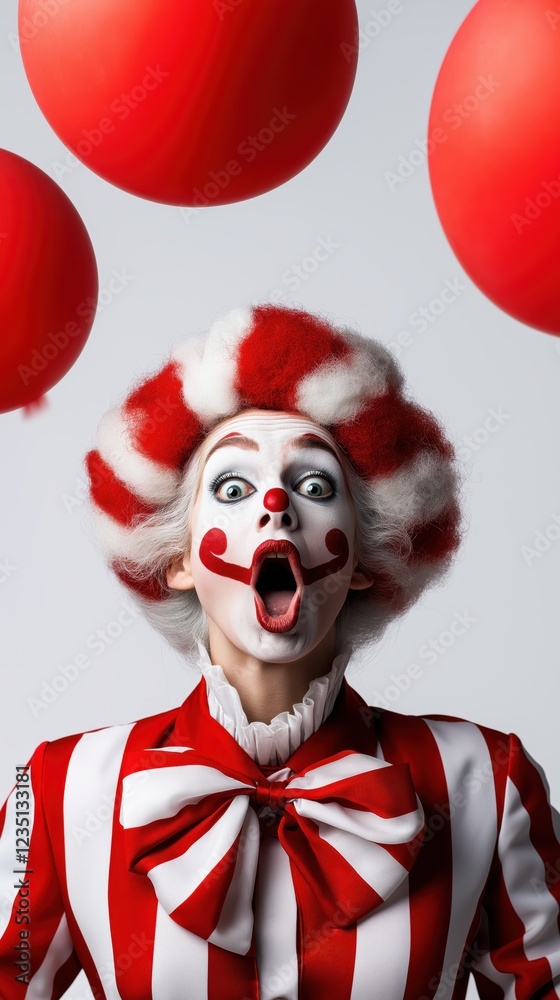 Funny old female clown with white hair expressing joy while surrounded by red balloons on white background Funny old female clown with white hair expressing joy while surrounded by red balloons on white background