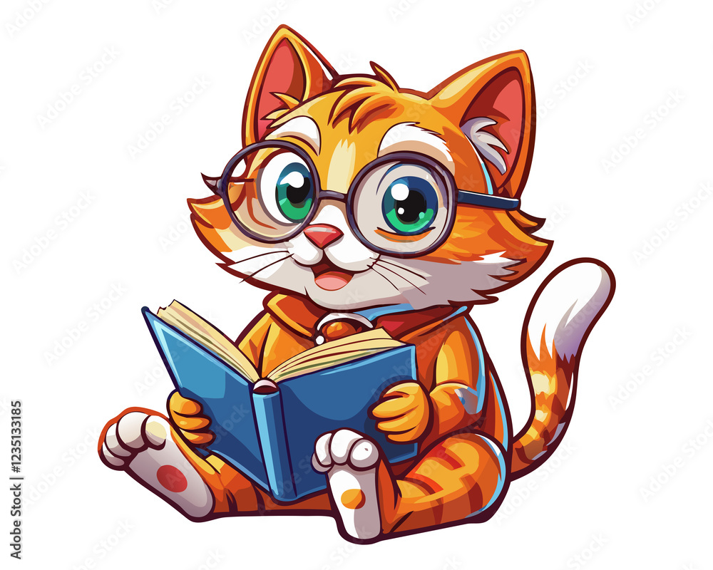 Fototapeta premium Cat in glasses looking curious over an open book