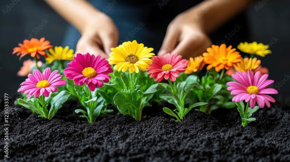 Colorful flowers being planted in dark soil; hands tending; garden background Colorful flowers being planted in dark soil; hands tending; garden background