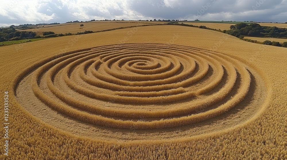 Aerial Spiral Crop Circle, Rural Field, Cloudy Sky