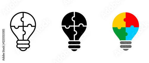 Light Bulb with jigsaw puzzle icon. Light bulb with puzzle pieces sign. Brainstorming and creativity illustration. Innovation and strategy symbol.