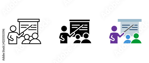 Teacher near a presentation board icon. A seminar with students symbol. A professor at a training pictogram. A business meeting illustration. Learning in a classroom sign.