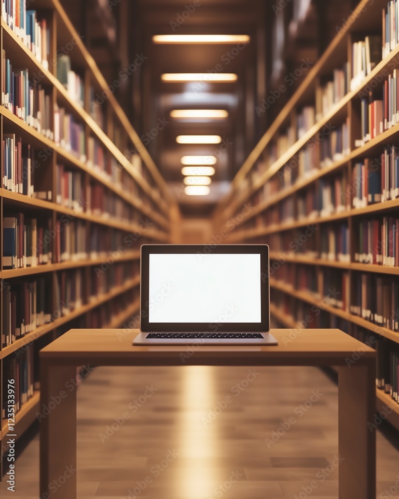 Laptop with a blank screen placed on a wooden desk in a library aisle surrounded by bookshelves. Laptop with a blank screen placed on a wooden desk in a library aisle surrounded by bookshelves.
