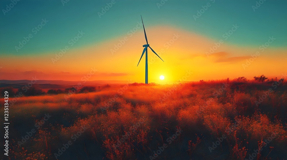 Obraz premium A wind turbine is standing in a field of tall grass