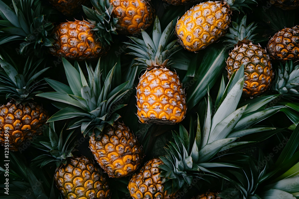 Vibrant tropical pineapples growing in an orchard, showcasing agricultural tourism and exotic fruit farming Vibrant tropical pineapples growing in an orchard, showcasing agricultural tourism and exotic fruit farming