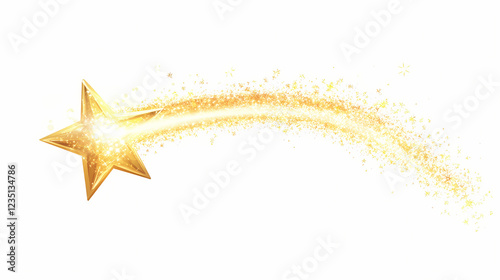A golden shooting star with a sparkling trail against a white transparent background. Celestial Glow. Illustration