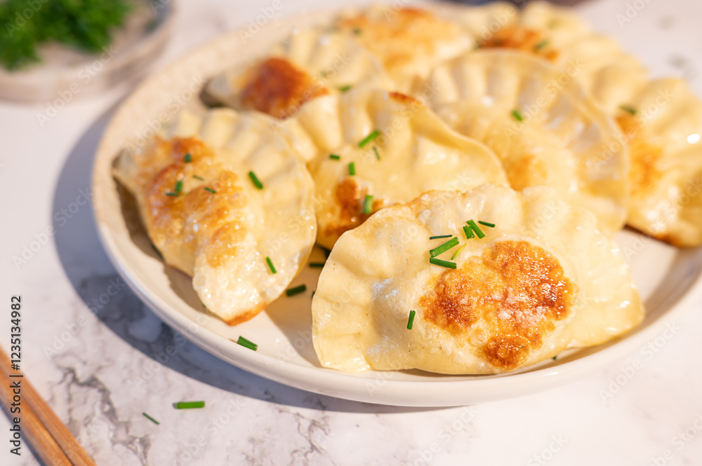 Fried dumplings arranged on a plate, topped with green onions, Chinese traditional cuisine. Fried dumplings arranged on a plate, topped with green onions, Chinese traditional cuisine.