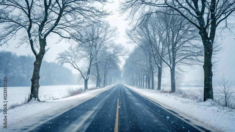 Straight road covered with snow and ice at winter Straight road covered with snow and ice at winter