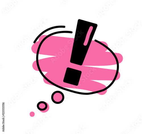 Exclamation mark icon in red speech bubble with black line, doodle style. Vector illustration