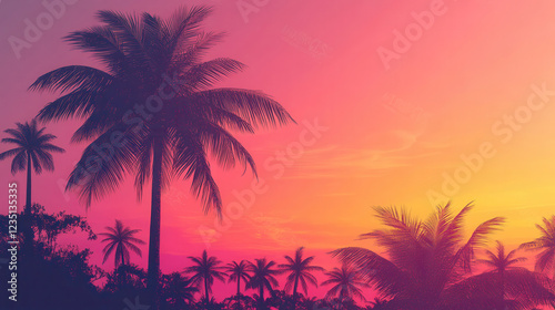 Vivid pink and orange sky with silhouetted palm trees at sunset creating a tropical evening atmosphere. Summer background, banner. Hawaii Aloha