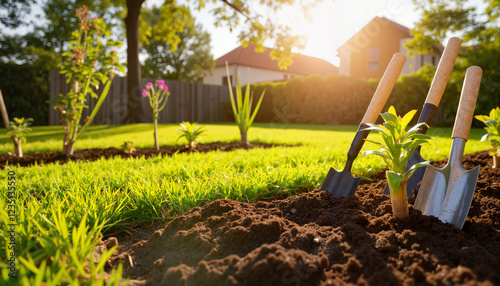 Newly planted garden at golden hour with garden tools, housewarming joy