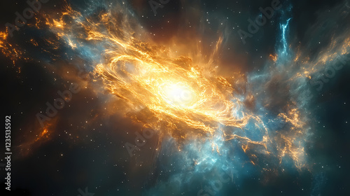 A vibrant nebula glows in the vastness of space, its colors of gold and blue creating a stunning cosmic spectacle. Celestial Glow. Illustration photo
